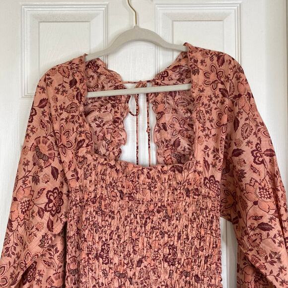 FREE PEOPLE Smock it to Me Mini Dress Apricot Ruffle Peasant Boho Size Large - Picture 5 of 10